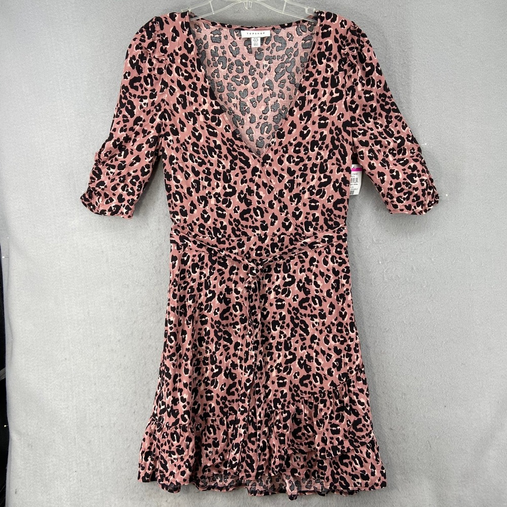 Topshop Dress Women's Sz 6 Pink Leopard Print V-Neck Tie Waist Ruffle Hem Midi‎